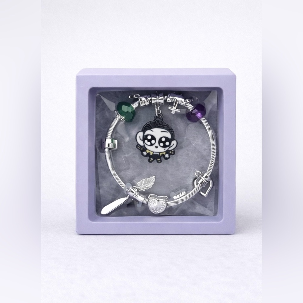 K-Pop Style Silver Charm Bracelet with Character Pendant & Crystal Beads